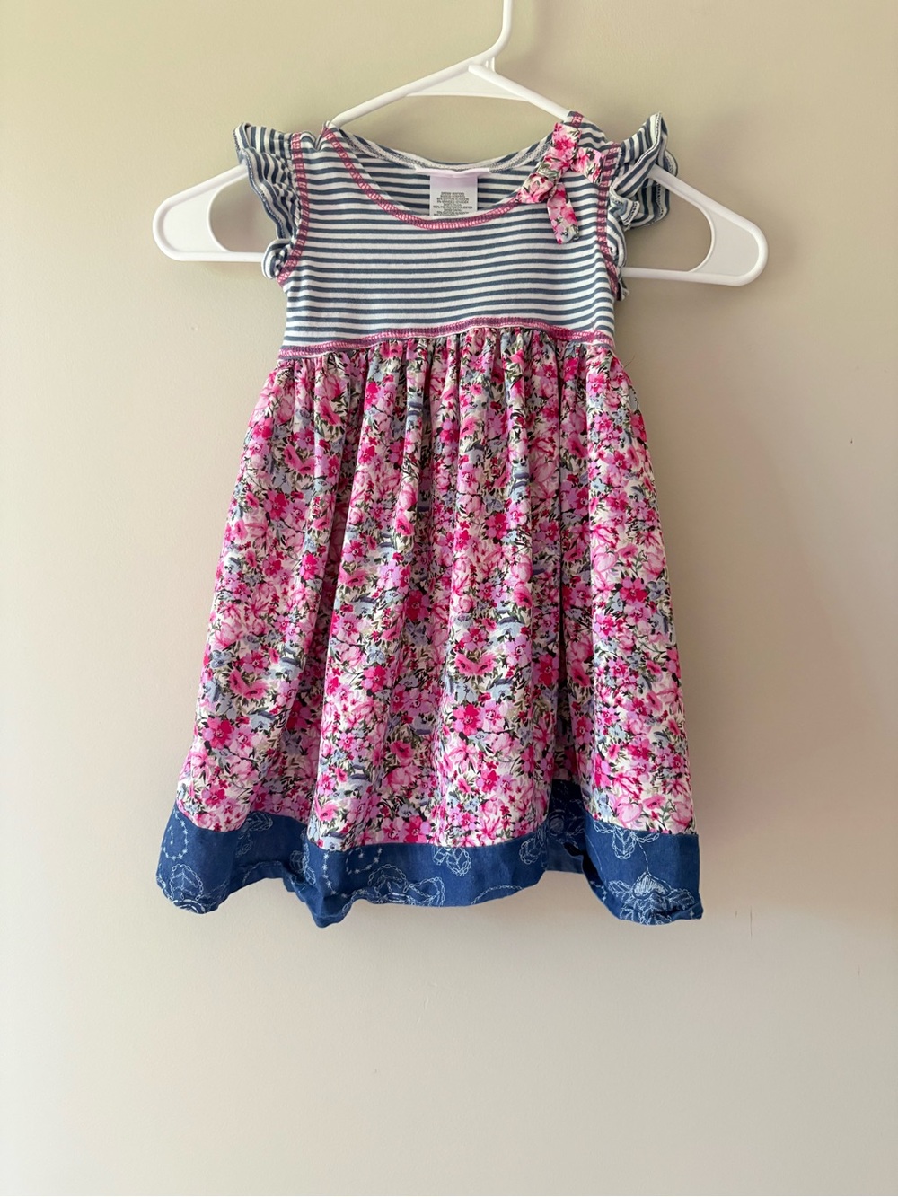 Girls 3T Bonnie Jean Pink/Navy Blue Mix Print Summer Dress Striped Bow Floral
